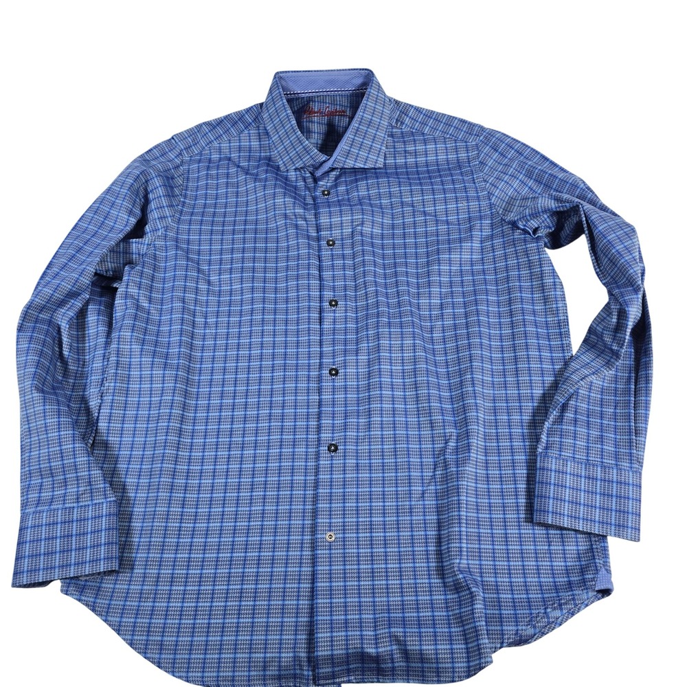 Robert Graham Mens‎ Blue Plaid Dress Shirt L 16 1/2 European Cut